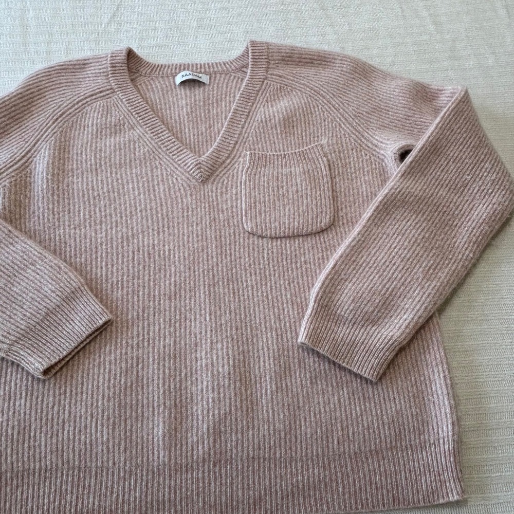 Naadam 100% Cashmere Ribbed V-Neck Sweater Pink XL Chest Pocket Raglan Sleeve